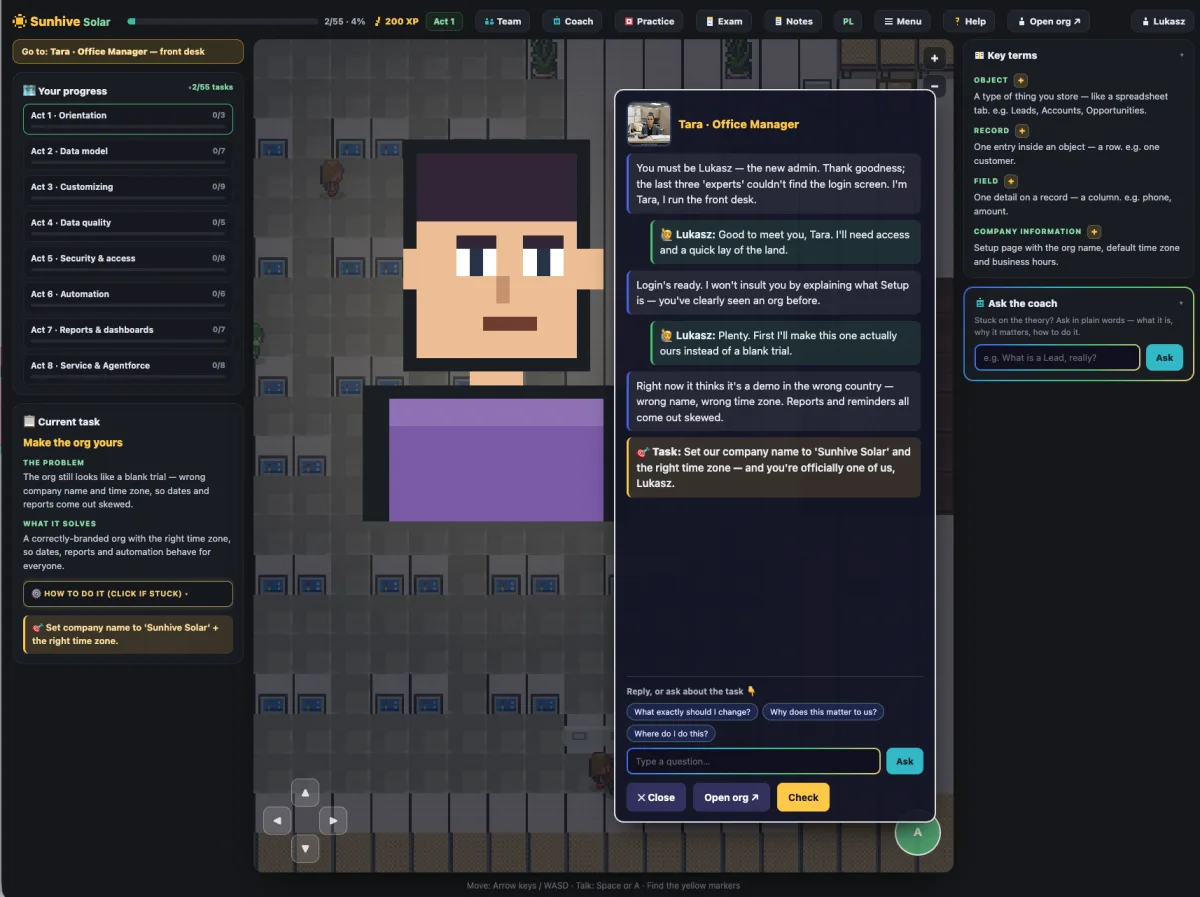 SF Admin Symulator game start screen — Sunhive Solar